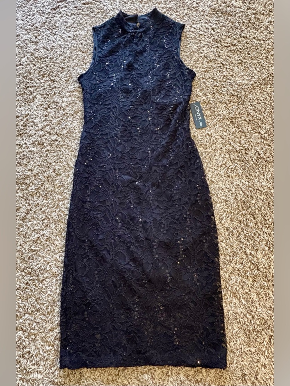 NWT ONYX Nite Black Sequin Lace Sheath Dress - Size 8